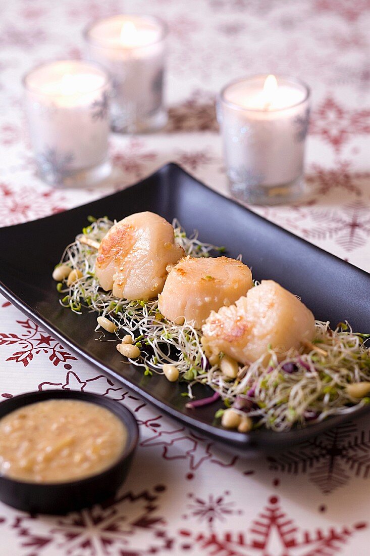 Scallop skewers with sprouts and pine nut sauce