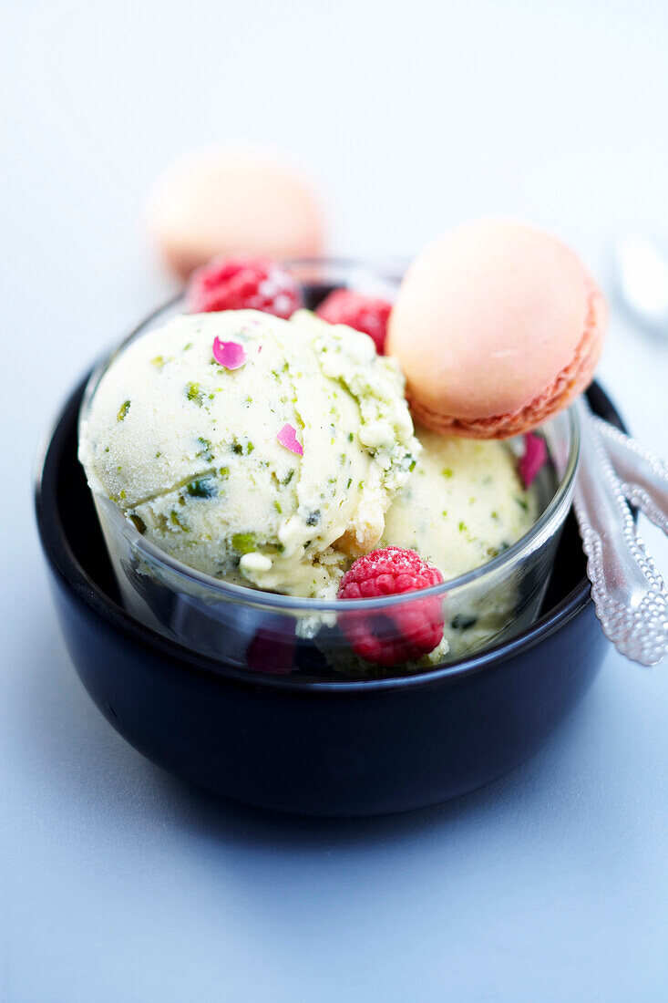 Pistachio Ice Cream with Fresh Raspberries and Rose Macaroon