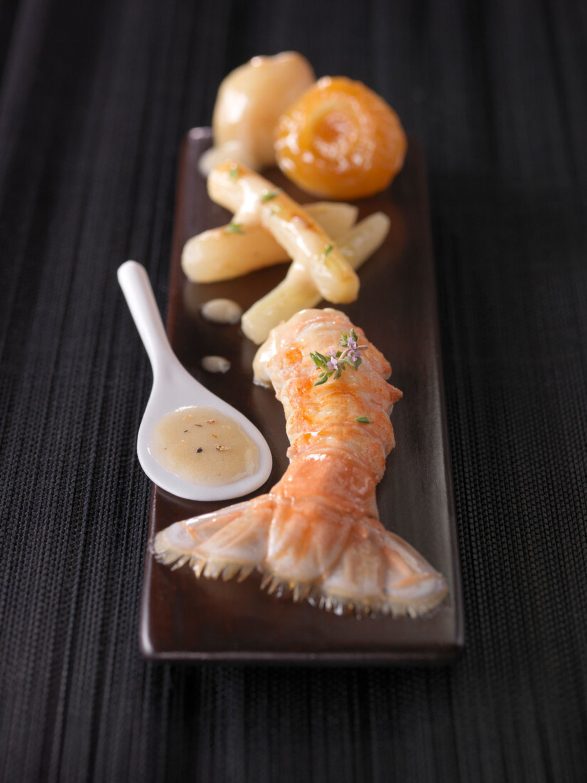 Dublin Bay prawns with reduced Champagne and lavander sauce, salsifies and stewed apricots