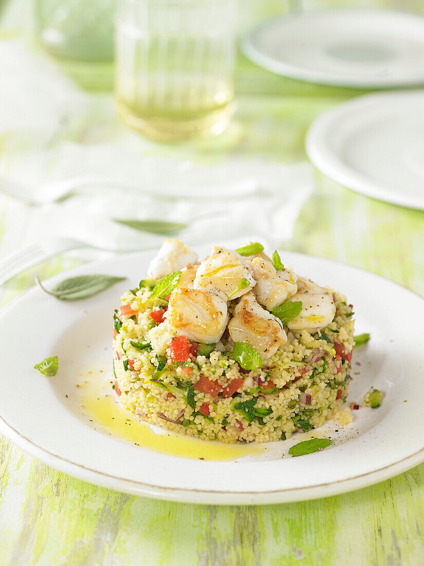 Timbale of semolina with vegetables and fish