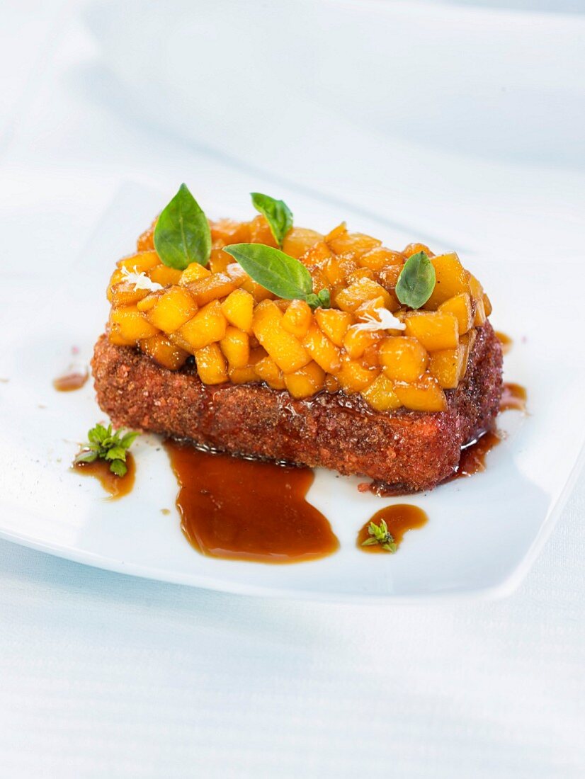 Breaded pork belly with gingerbread, peach tartar with basil