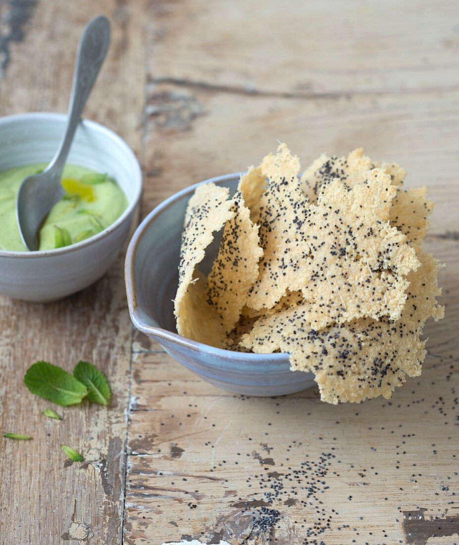 Parmesan and poppyseed tuiles,minty pea sauce
