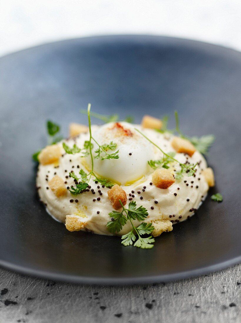 Hard-boiled egg with mayonnaise espuma,bread croutons and squash seeds