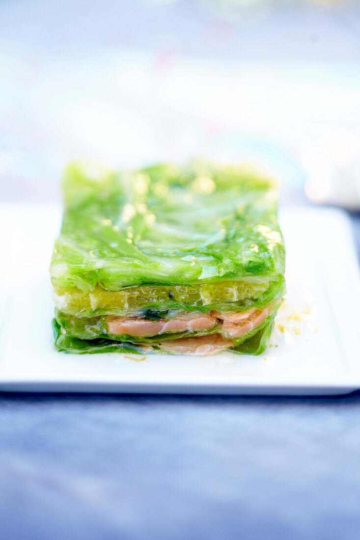 Salmon and cabbage leave terrine