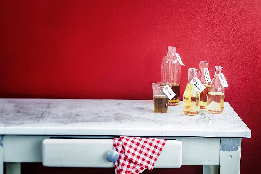 Assortment of oils on the kitchen table