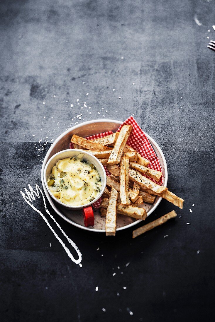 Celeriac fries ,caper and gherkin mayonnaise