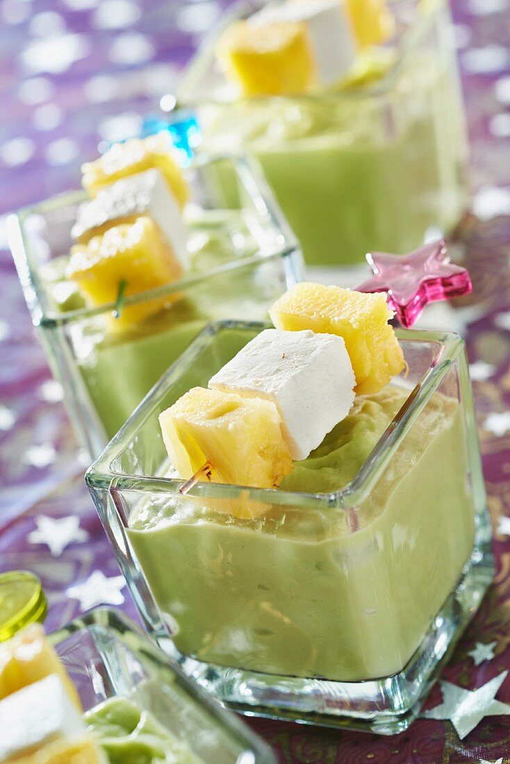 Avocado and coconut milk puree,pineapple and Petit Billy brochettes