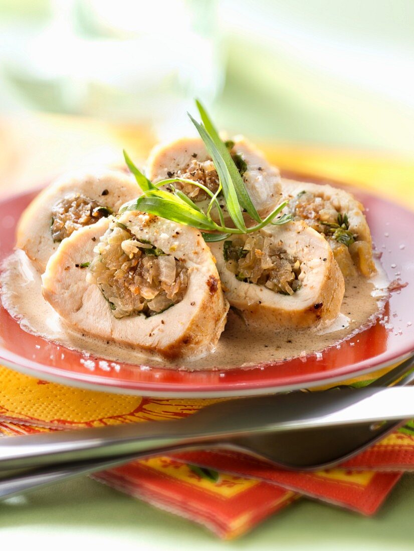 Chicken breasts stuffed with Swiss chard,mustard sauce