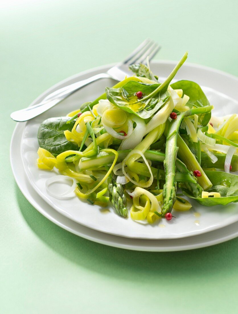 Frühlingssalat mit Spinatsprossen, Frühlingszwiebeln, Spargel und Lauch