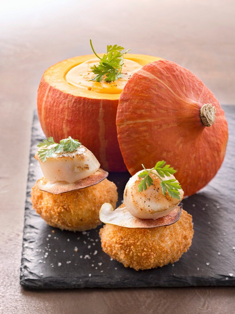 Scallop croquettes with pumpkin sauce