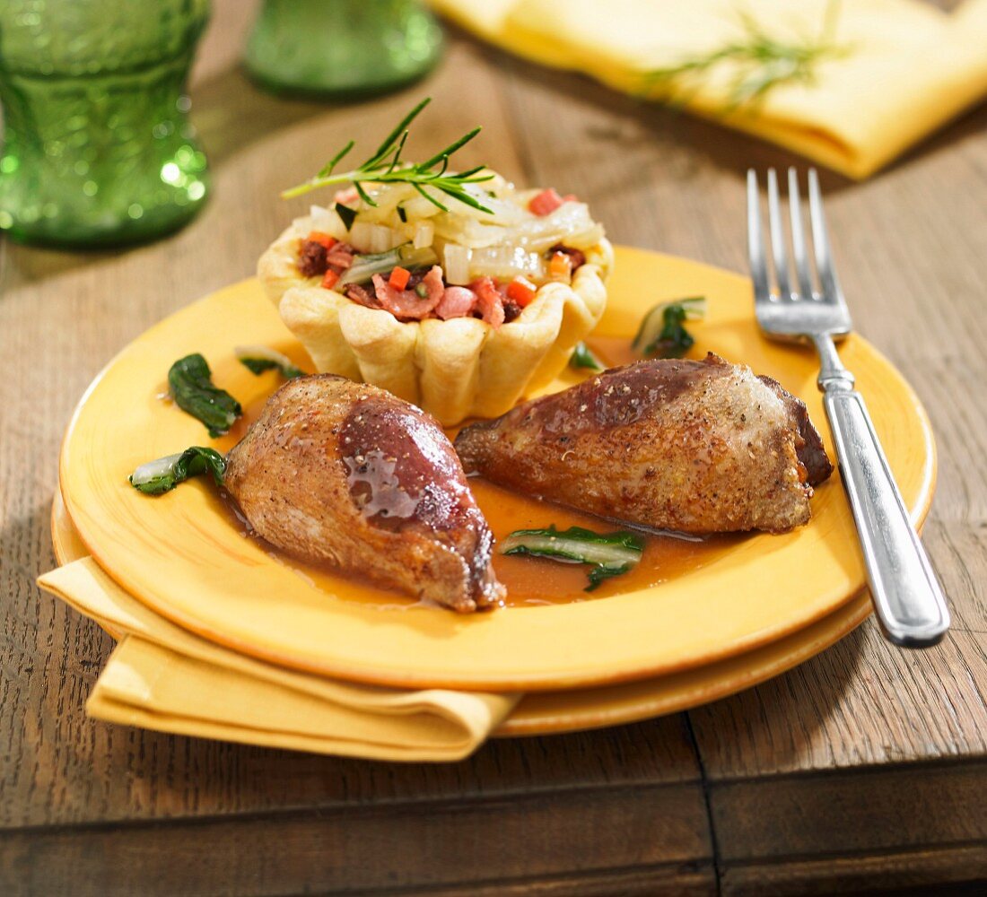 Pigeon in wine sauce,Swiss chard and gizzards in pastry casing