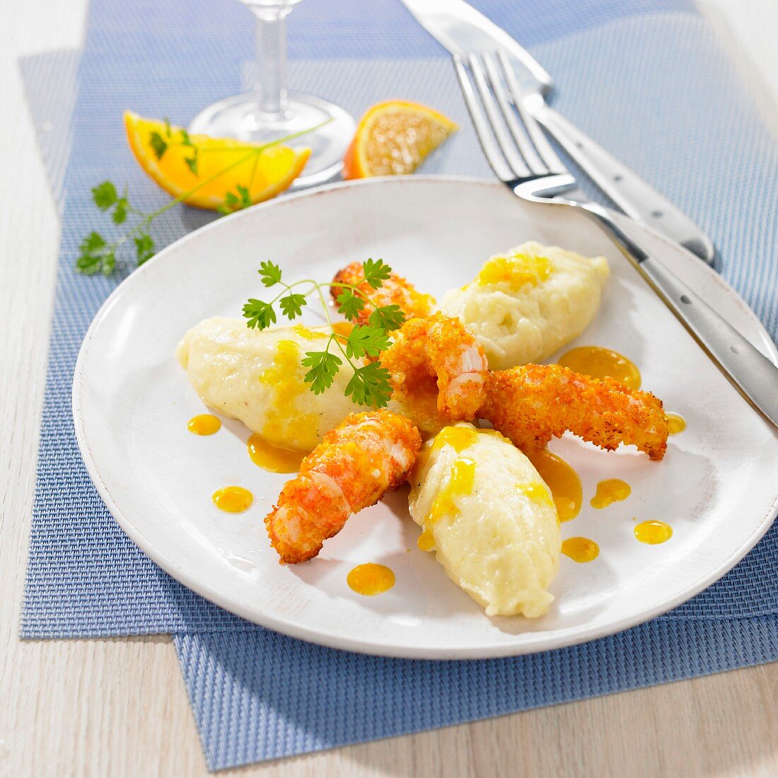 Crispy orange-flavored Dublin Bay prawns,mashed potato quenelles