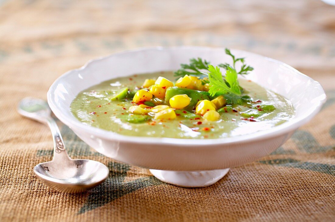 Mexikanische Suppe mit Saubohnen, grünen Bohnen und Mais