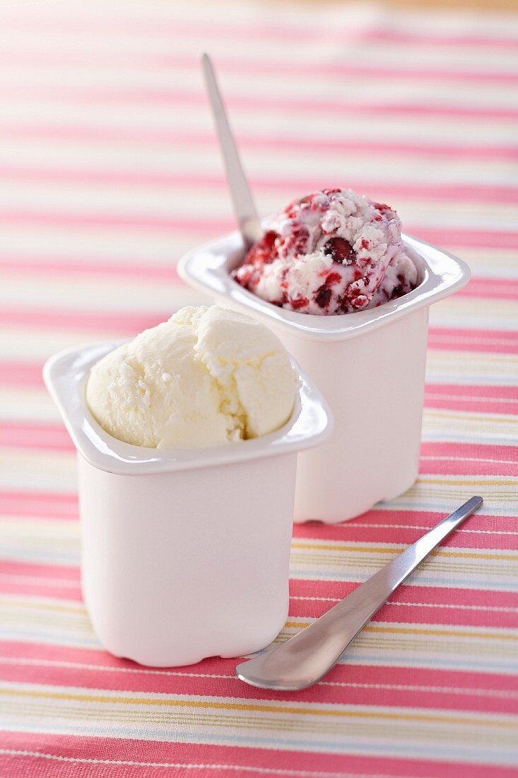 Plain yoghurt ice cream and cranberry yoghurt ice cream