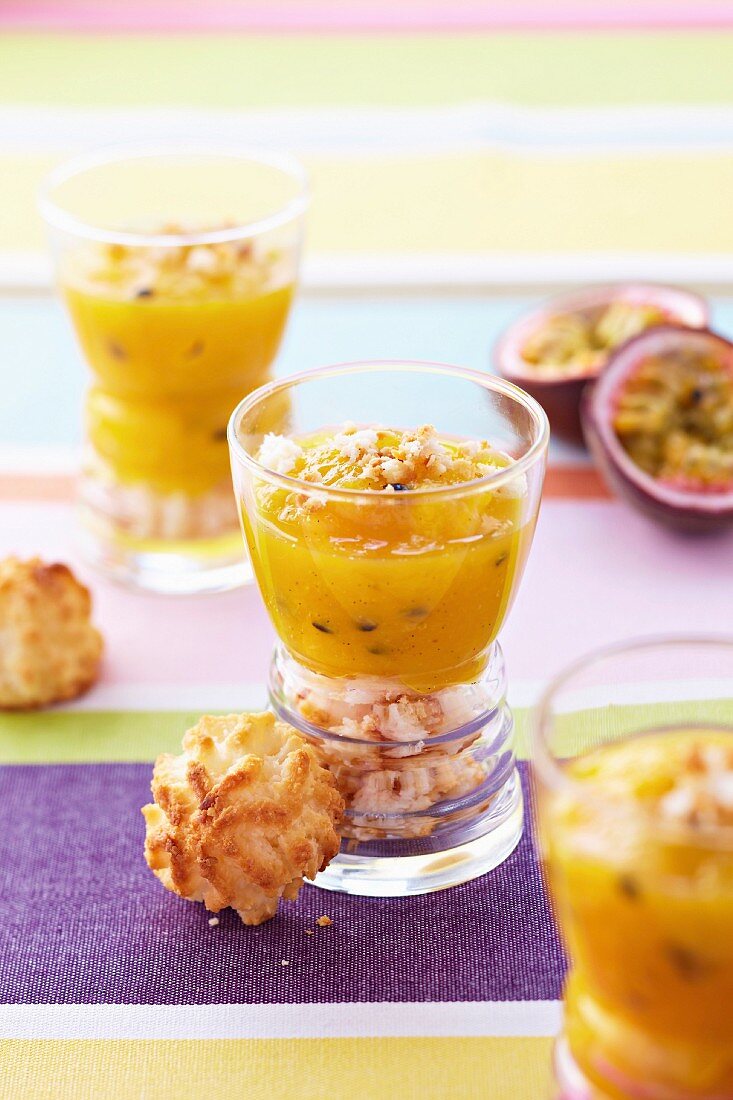 Stewed exotic fruit on crumbled coconut cookies