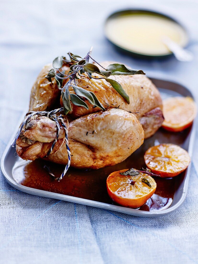 Capon stuffed with foie gras and clementines