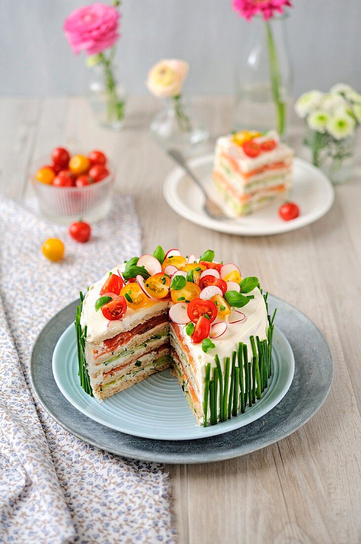 Salmon and cucumber sandwich cake