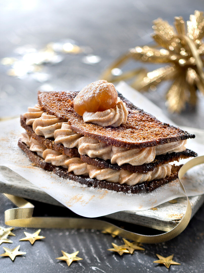 Crispy gingerbread and chestnut and whisky mousse Mille-feuille