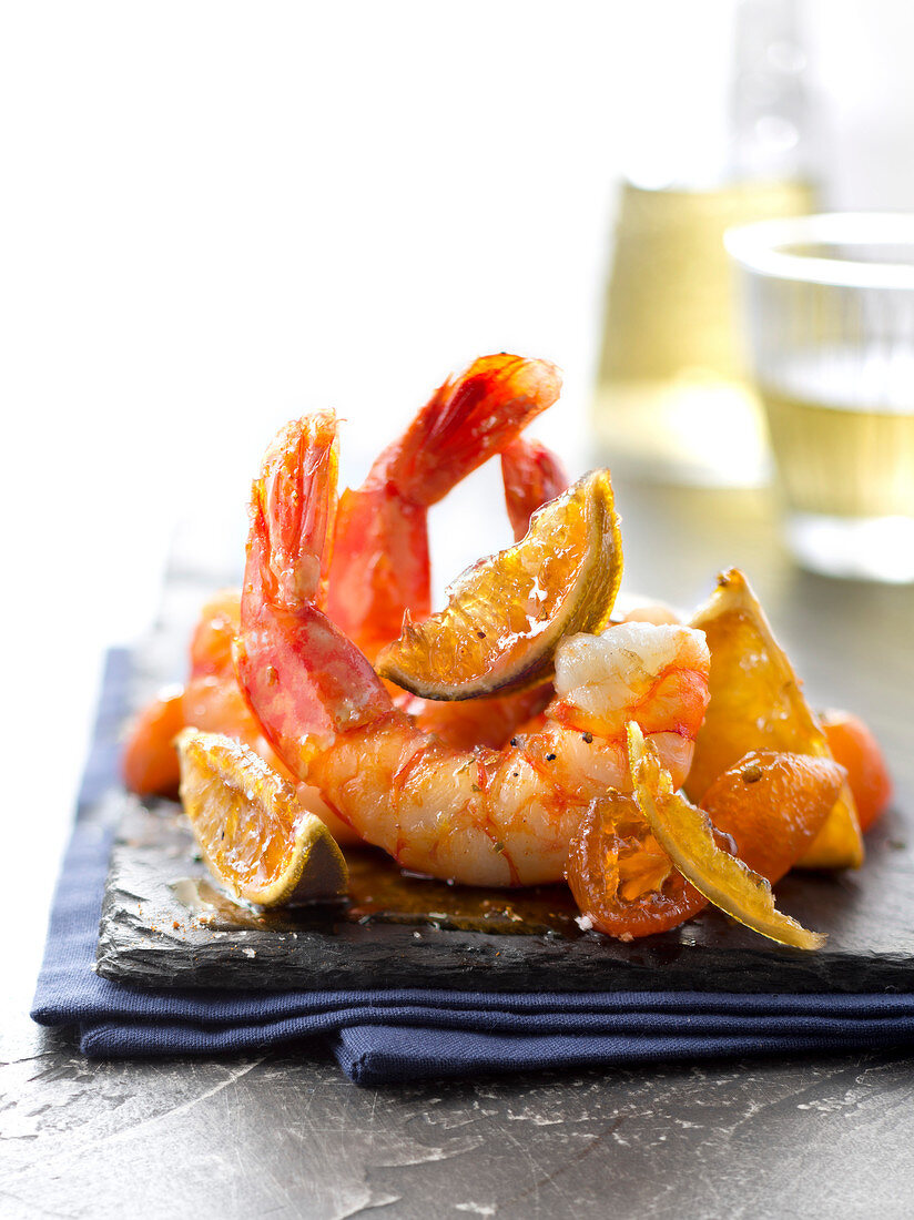 Sauteed gambas with lime, kumquat and lime chutney