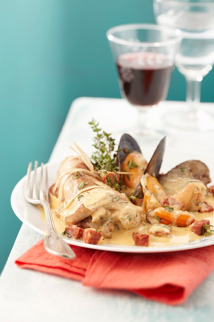 Rabbit with mussels and chorizo