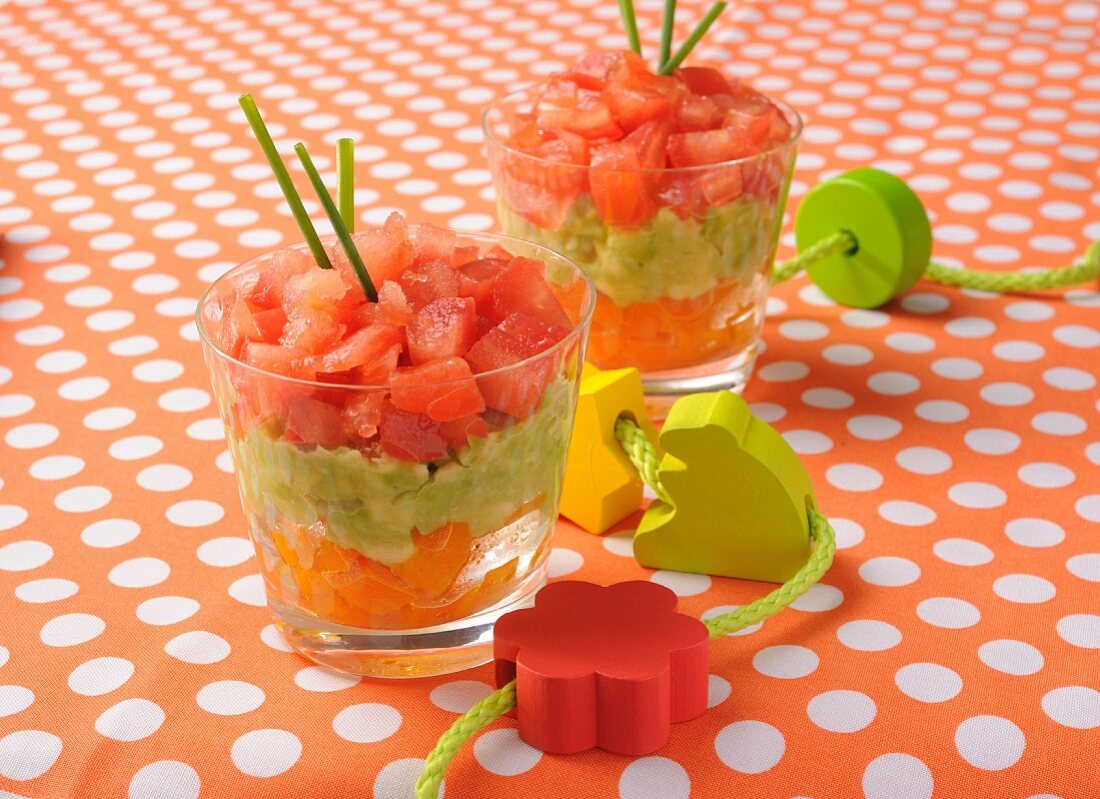 Layered appetisers with a trio of vegetables
