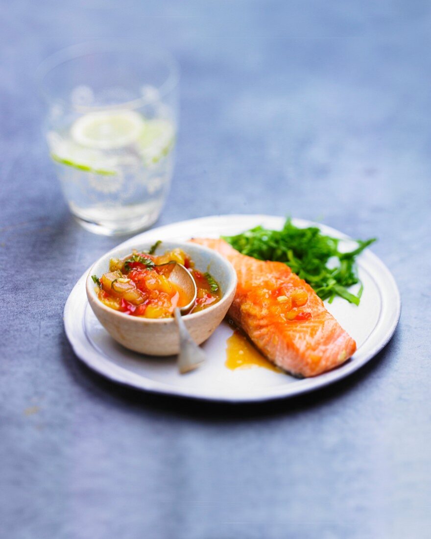 Grilled salmon with mango chutney,glass of rum