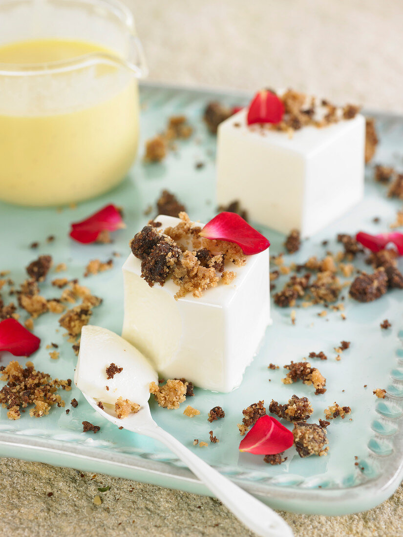 Panna Cotta Squares With Rose Petals,Almond And Chocolate Crumble And Custard