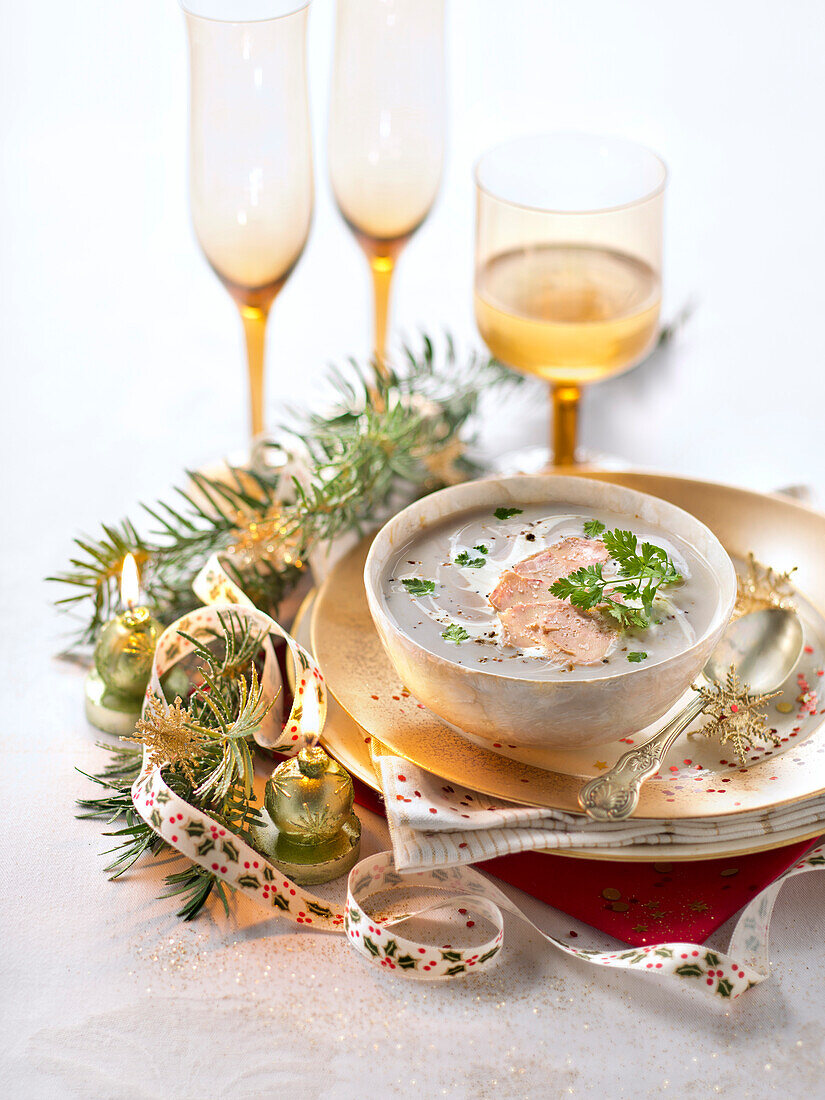 Chestnut soup with foie gras for Christmas