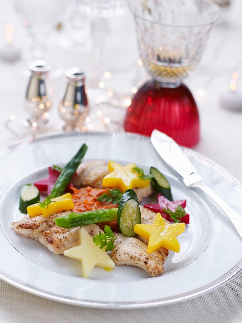 Fillet of sole with Sauternes,star-shaped potatoes and pan-fried vegetables and creamy sweet potatoes