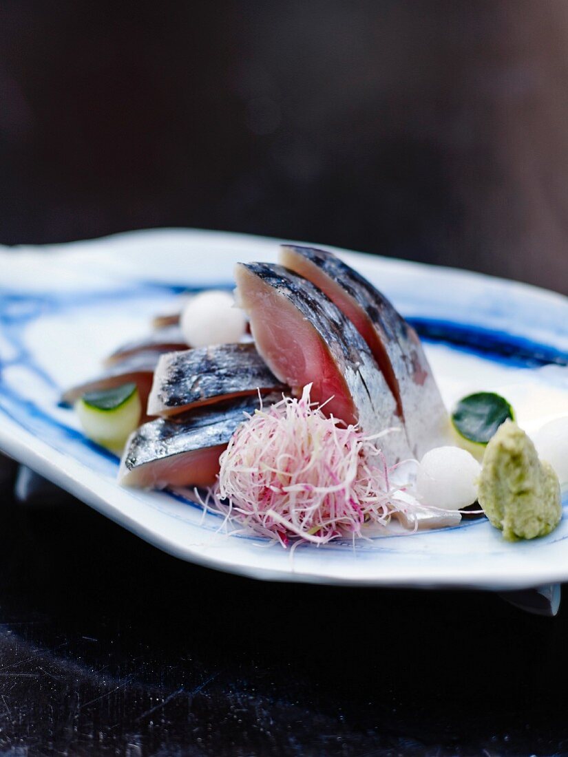 Mackerel sashami with crispy spring vegetables and wasabi