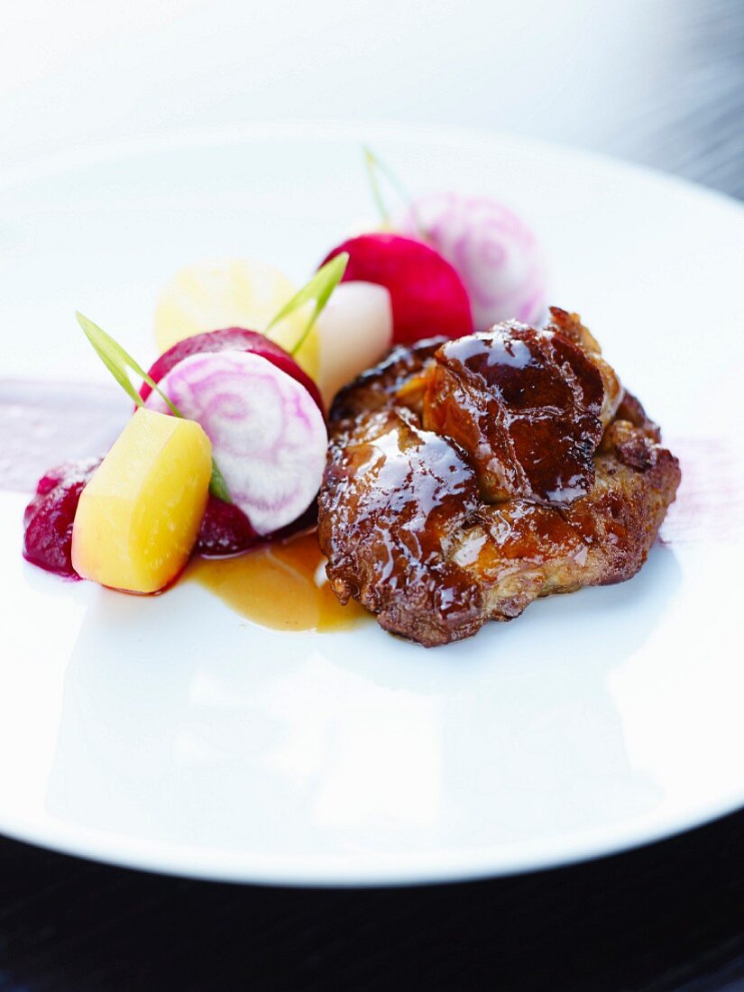 Sweetbreads cooked on one side with beetroots