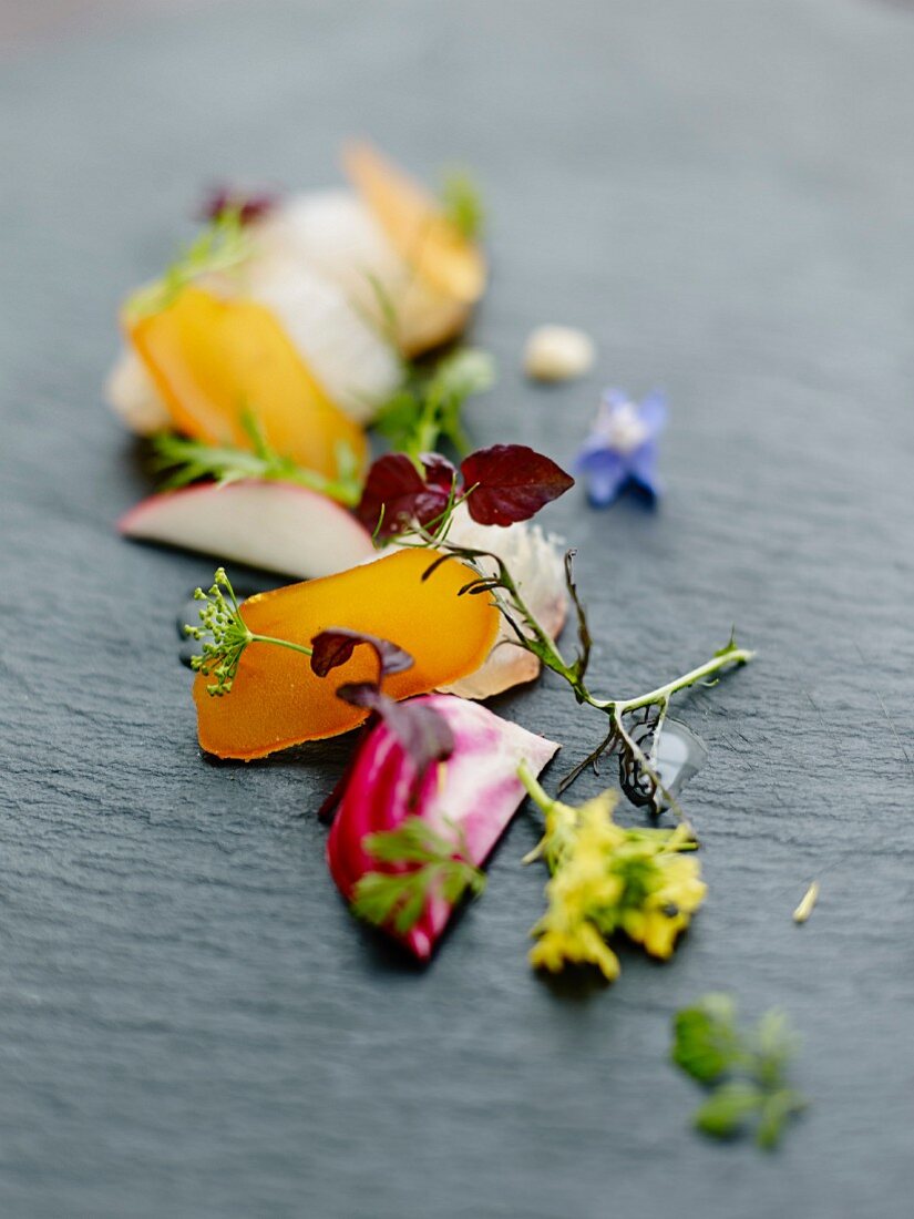 Tasting Palette with poutargue,crisp vegetables and wild flowers