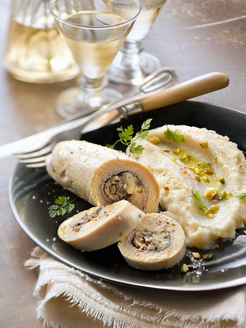 Chicken,bacon,spinach and mushroom Ballotine,mashed potatoes with crushed pistachios