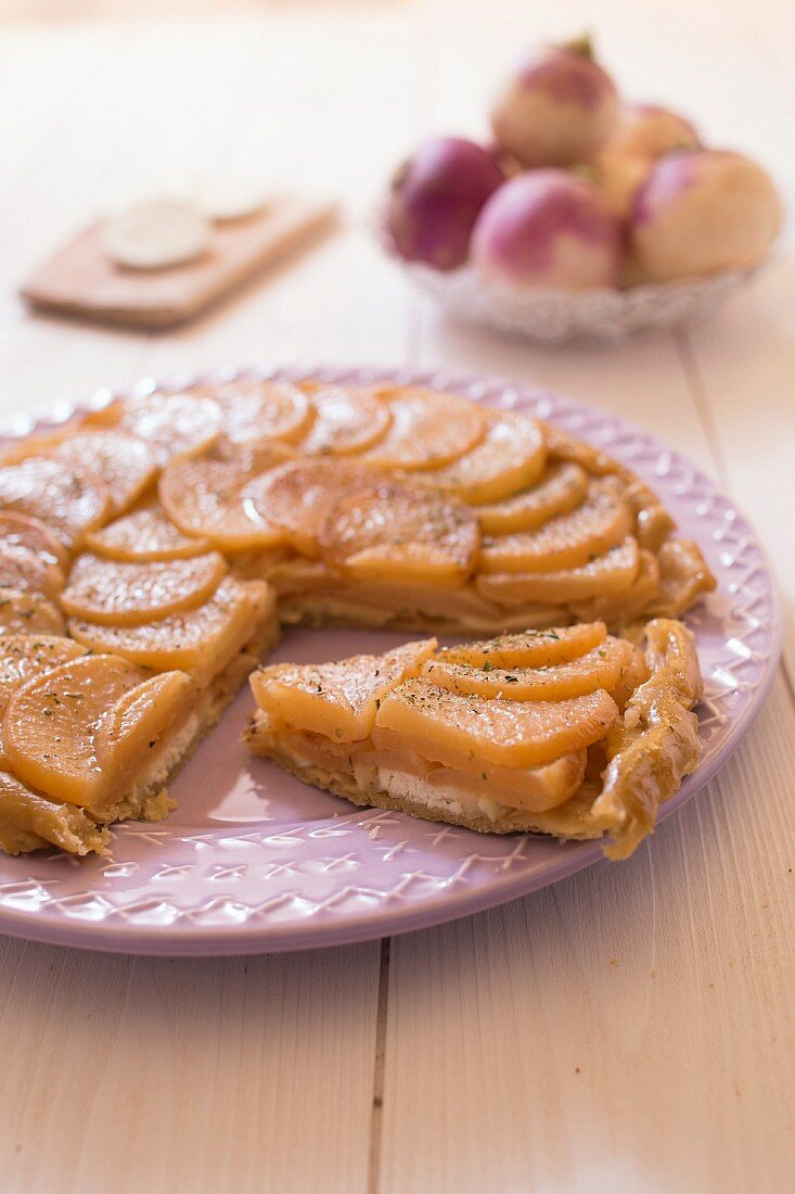 Turnip,goat's cheese and honey tatin tart