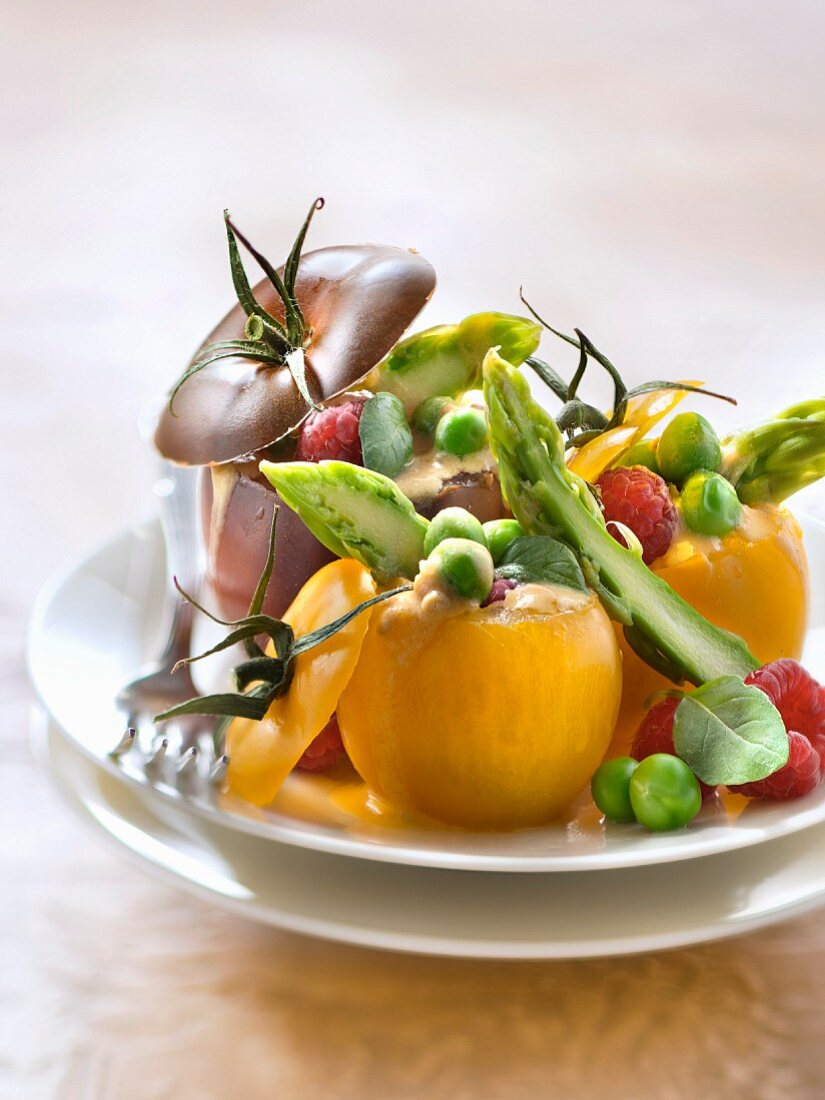 Tomatoes stuffed with young vegetables,mustard dressing