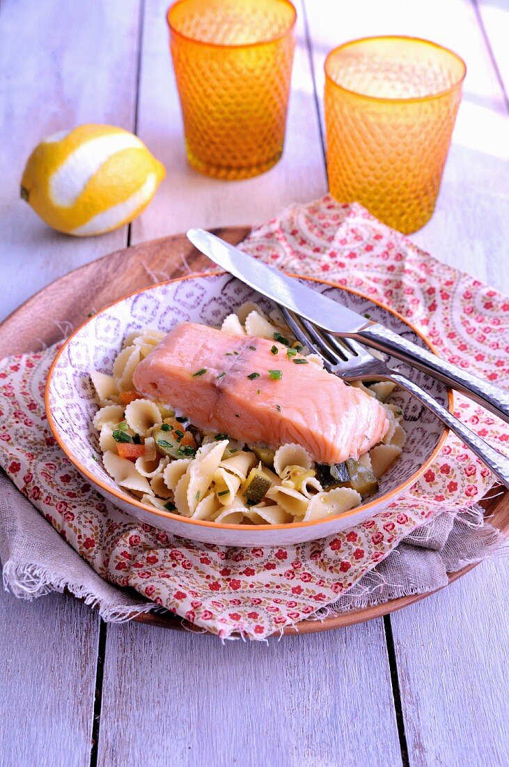 Salmon confit in olive oil,pasta and vegetables
