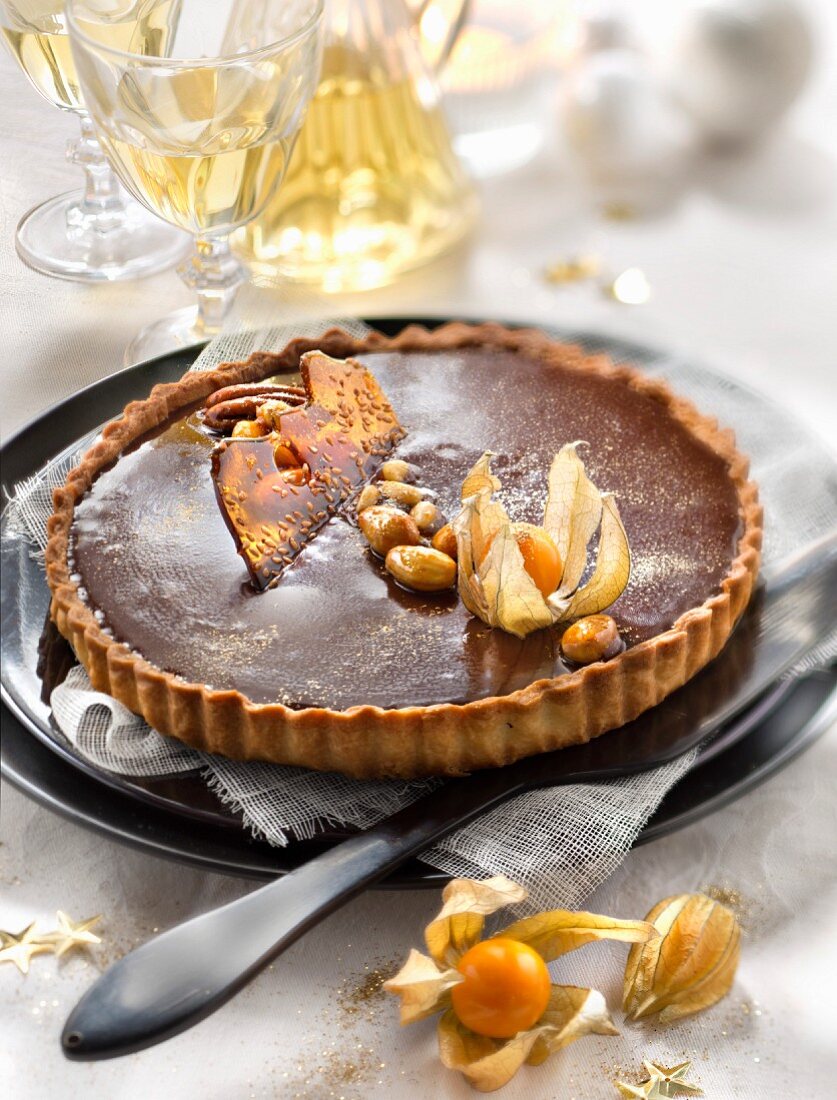 Chocolate,salted-butter toffee and dried fruit tart