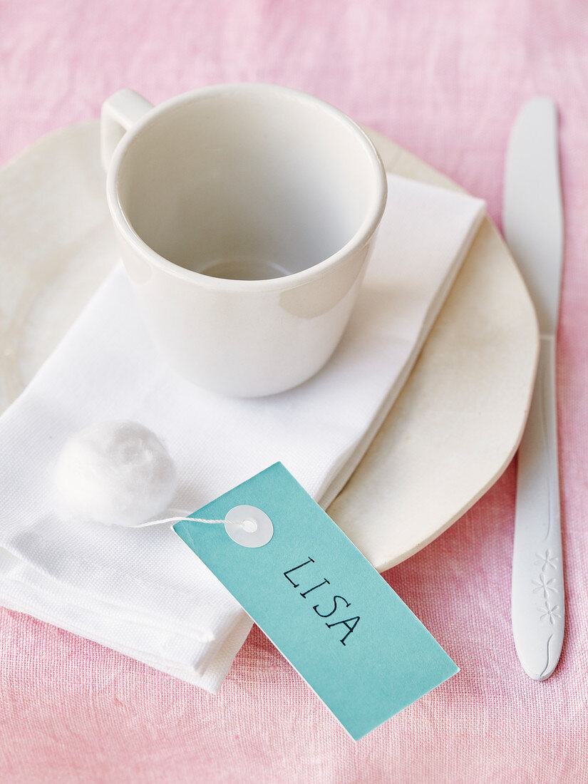 Cup,plate,knife,napkin and name-tag