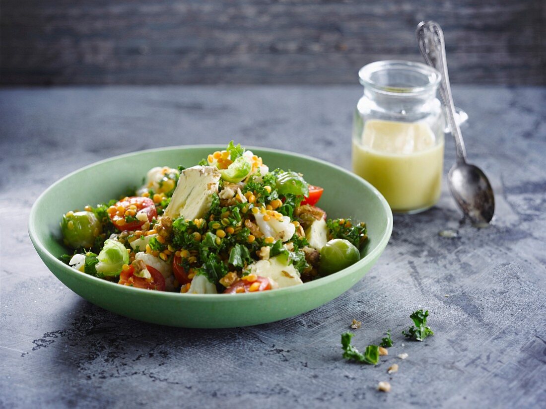 Orange lentil,kale cabbage,cherry tomato,Brussels sprout and Camembert salad