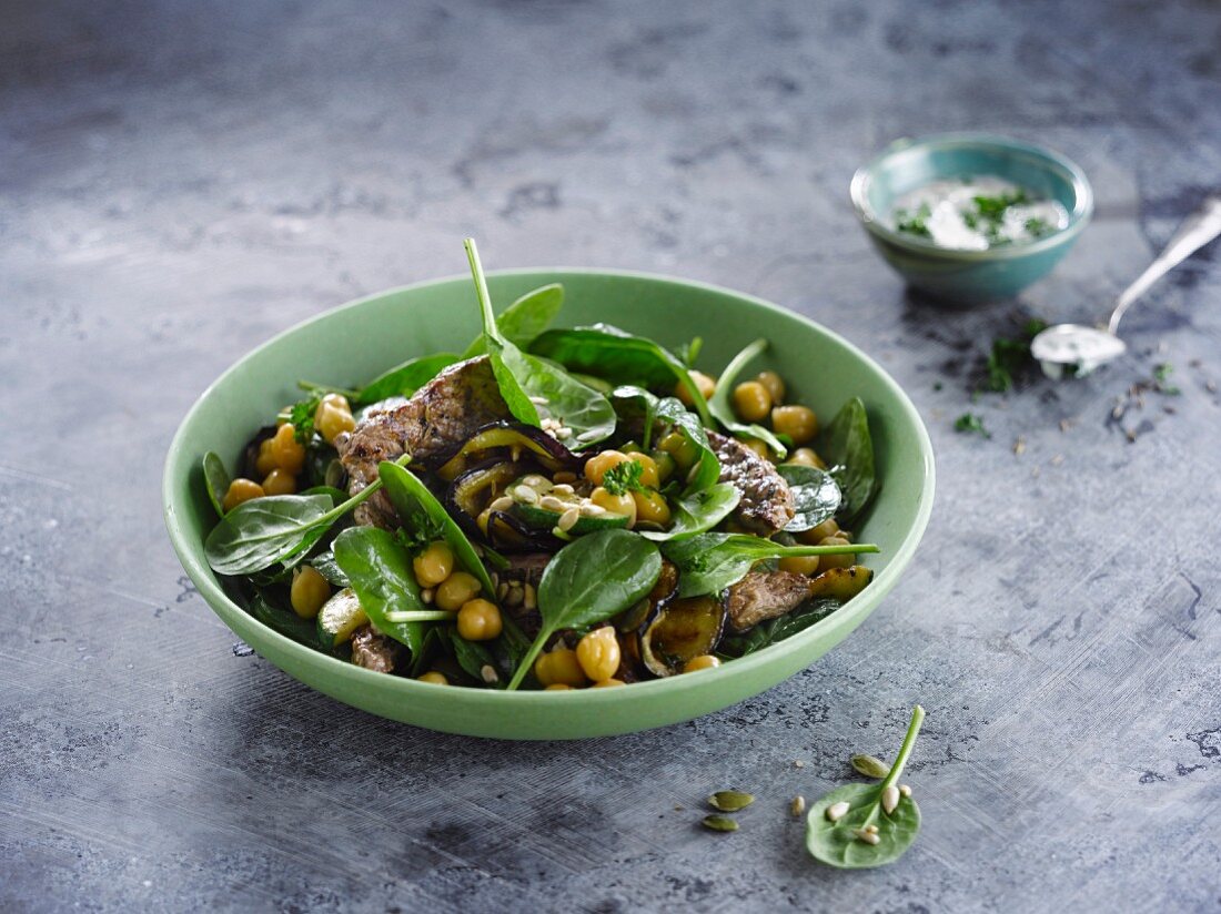 Spinach,chickpea and grilled aubergine salad