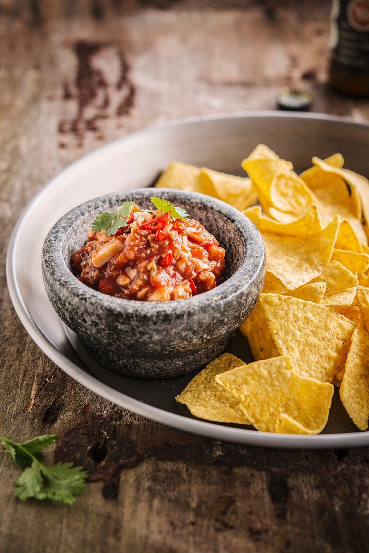 Nachos und Tomatensalsa mit Pute