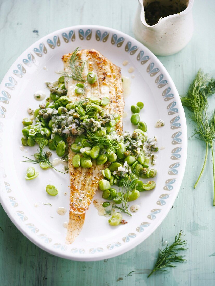 Dab with broad beans,shallots,capers and dill