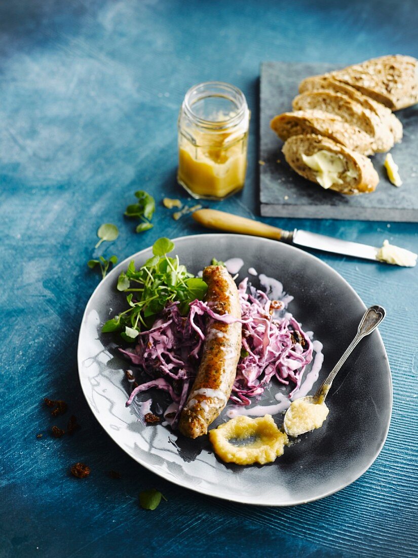 Turkey sausage with red cabbage and apple sauce