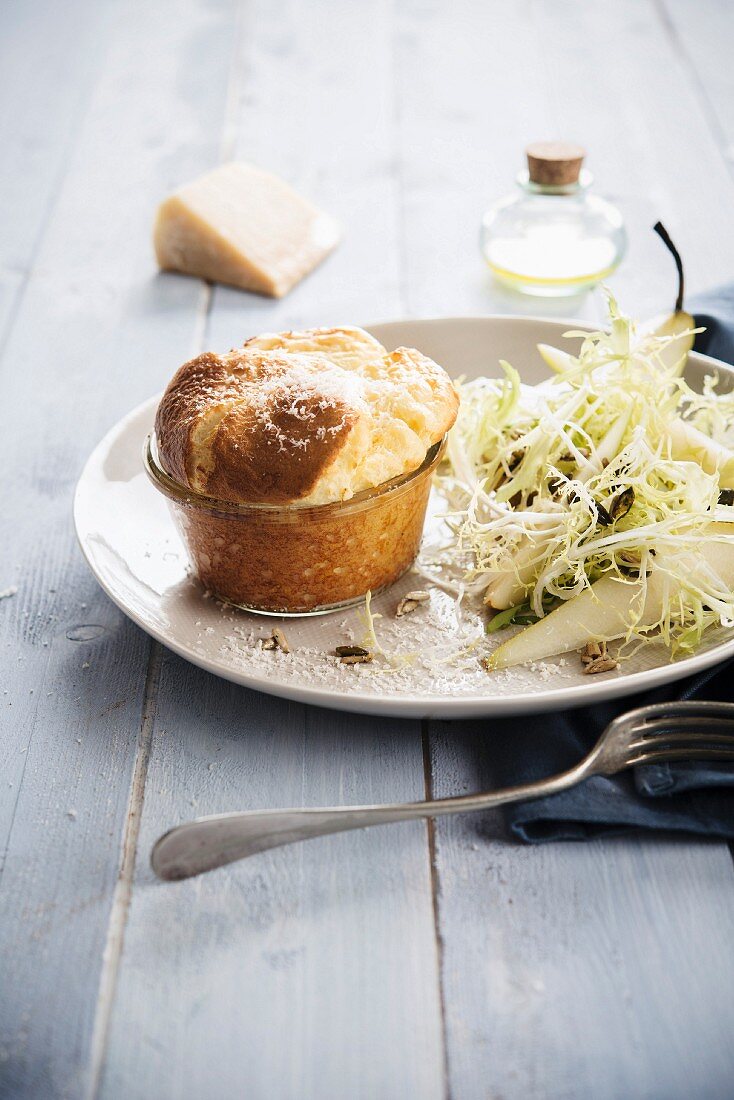Goat's cheese soufflé, frisee lettuce with pear