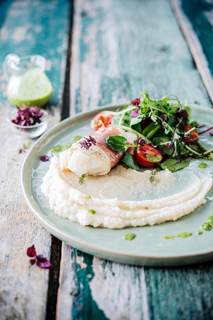 Parma ham rolls with cod and celery cream