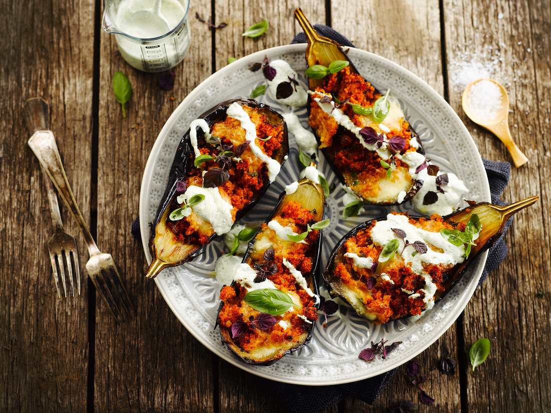 Aubergines stuffed with semolina,cream and green and purple basil