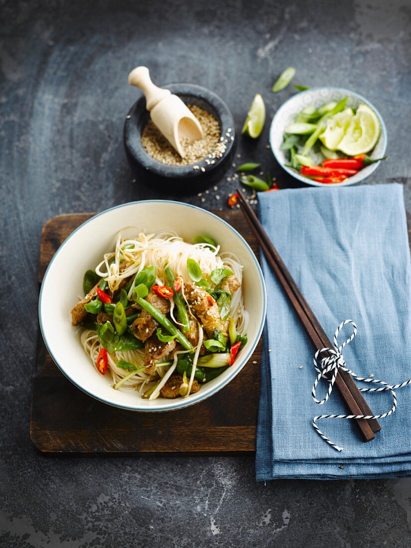 Thai-style sauteed beef and noodles