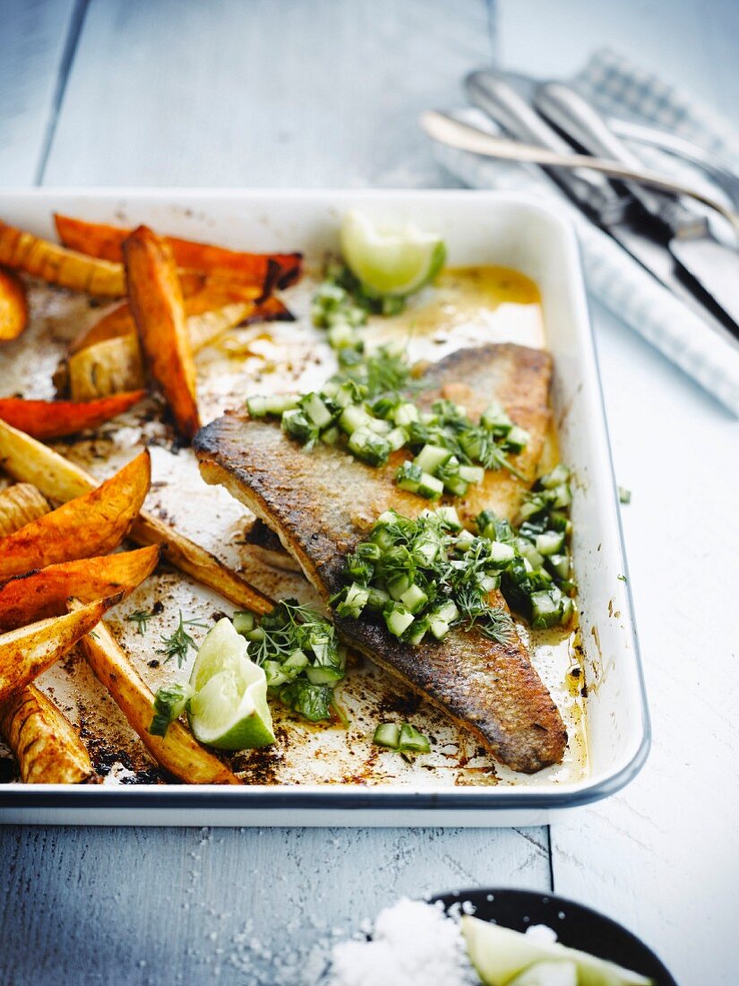 Bass with lemon and cucumber,sweet potato and parsnip french fries