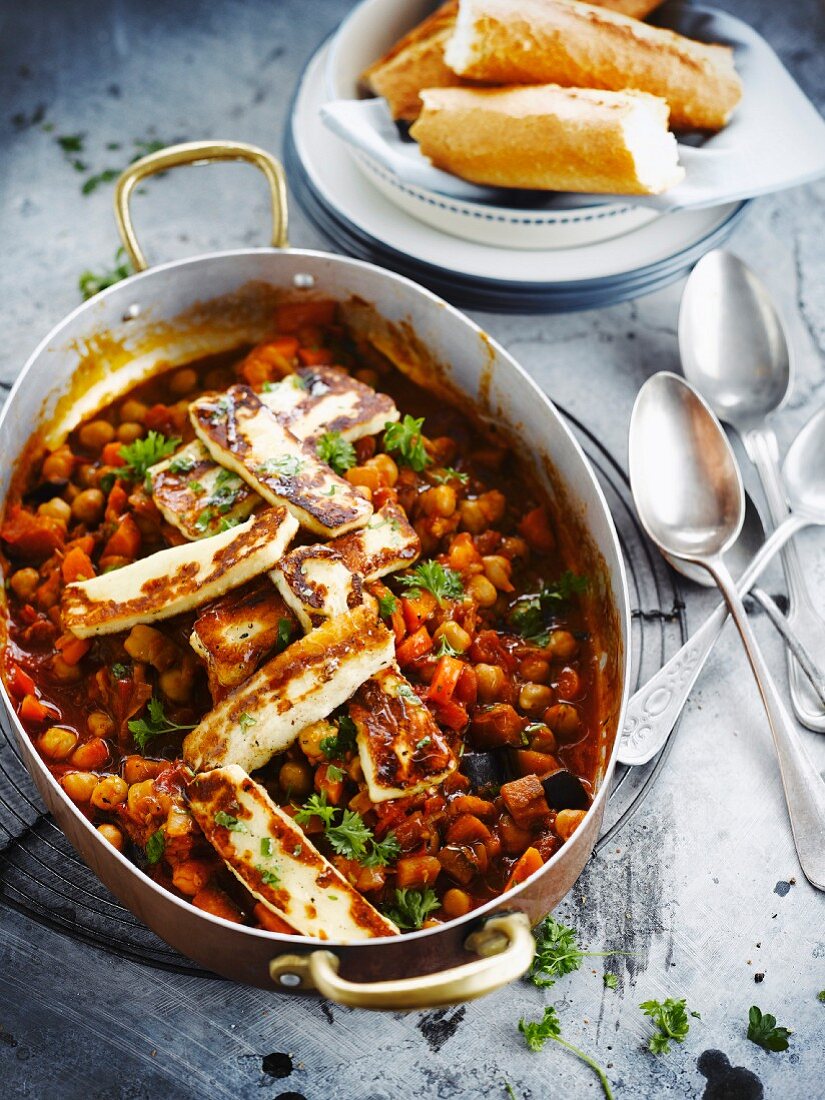 Vegetarian chickpea stew with halloumi cheese
