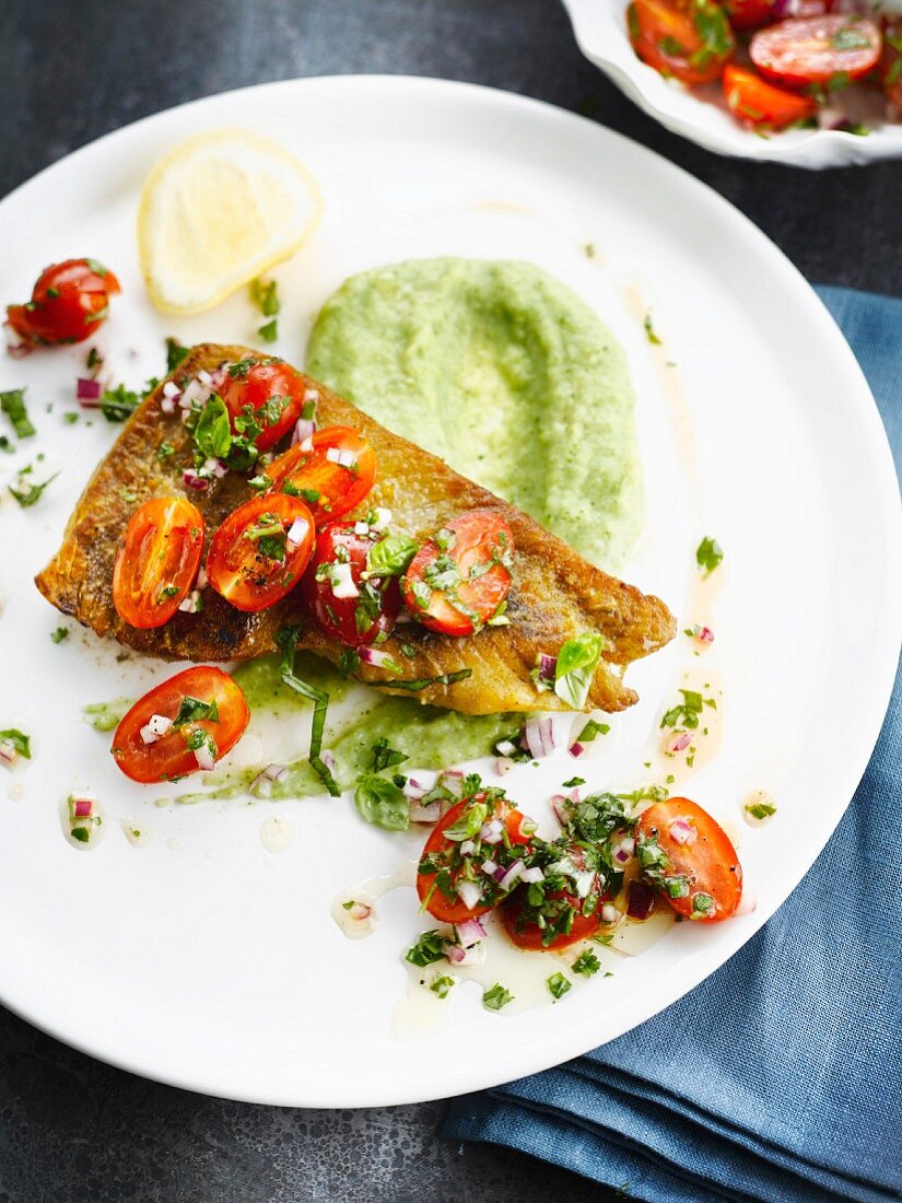 Fried cod fillet,revisited virgin sauce,cherry tomatoes and pureed broccolis